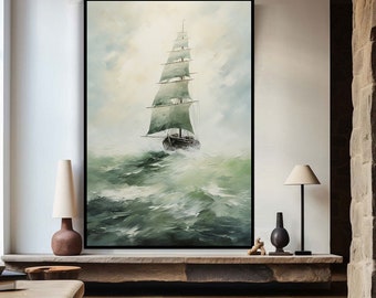 Green Sail Boat Abstract Original Texture Oil Painting on Canvas, Ocean Large Wall Art Acrylic Custom Painting Modern Living Room Wall Decor