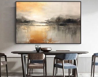 Grey&Gold River Abstract Original Texture Oil Painting on Canvas, Seascape Large Wall Art, Acrylic Custom Painting, Modern Living Room Decor