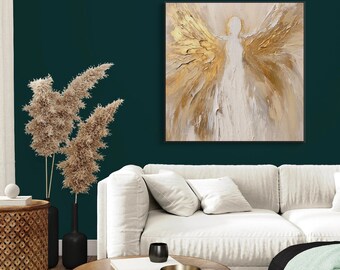 Handgefertigtes Ölgemälde mit goldenen Flügeln und abstrakter Originalstruktur auf Leinwand, große Wandkunst, individuelles Acrylgemälde, moderne Wohnzimmer-Wanddekoration