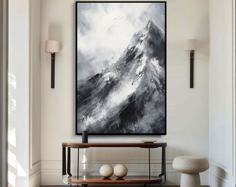 Gray Mountain Painting,Abstract Alps Landscape Painting,Original Impasto Oil Painting,Gold Leaf Large framed wall art, Acrylic Aesthetic