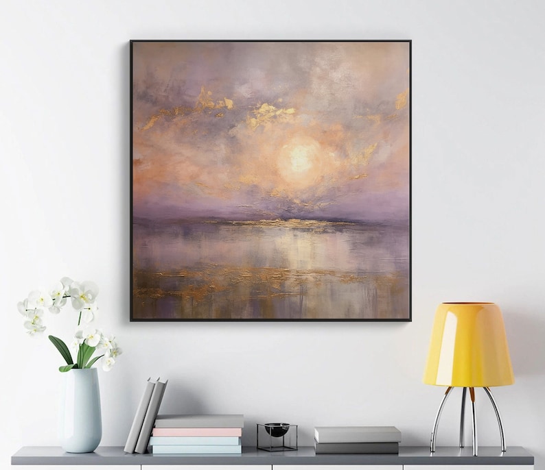 Sunset Gold Abstract Original Texture Oil Painting on Canvas, Pink-Purple Large Wall Art, Acrylic Custom Painting, Modern Living Room Decor