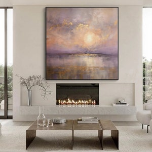 Coucher de soleil or abstrait texture originale peinture à l'huile sur toile, grande oeuvre d'art murale rose-violet, peinture acrylique personnalisée, décoration de salon moderne image 2