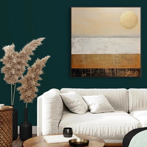 Soleil et terre 100 % peinte à la main, Peinture moderne texturée Pleine lune, Peinture à l'huile abstraite acrylique, Décoration murale de salon, Art mural de bureau image 5