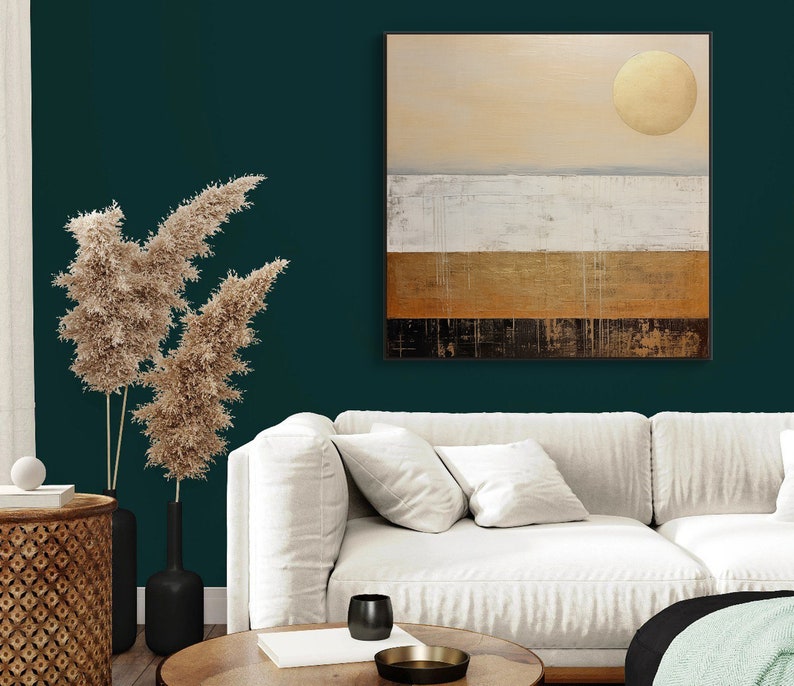 Soleil et terre 100 % peinte à la main, Peinture moderne texturée Pleine lune, Peinture à l'huile abstraite acrylique, Décoration murale de salon, Art mural de bureau image 5