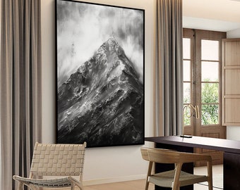 Art abstrait de toile de montagne enneigée, peinture à l'huile originale de sommets de montagne sur la toile, grand art mural noir et blanc pour le bureau, décoration de chambre à coucher