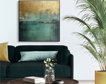 Large Gold Leaf & Green Wall Art, Unique Handmade Painting on Canvas, Gold Foil Bedroom Art, Contemporary Abstract Art For Living Room Decor