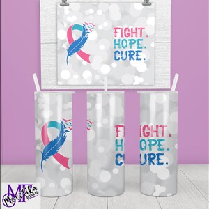 May include: Three stainless steel tumblers with a white background and a blue and pink ribbon with a feather design. The tumblers have the text "Fight. Hope. Cure." printed on them.