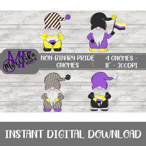 May include: Four digital illustrations of gnomes with non-binary pride flags. The gnomes are wearing purple and yellow hats and have white beards. The flags are yellow, white, and purple. The text "NON-BINARY PRIDE GNOMES 4 GNOMES - 11" - 300DPI" is at the top of the image.