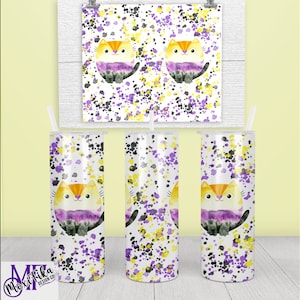 May include: Three 20 ounce stainless steel tumblers with a white background and a colorful abstract design. The design features yellow, purple, and black splotches and a cartoon cat with a yellow, purple, and black color scheme. The cat is wearing a purple and yellow striped shirt.