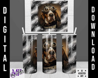 Steampunk Basset Hound Sublimation PNG for Tumblers - Steampunk Basset Hound Digital Design - Steampunk Basset Hound Tumbler Wrap