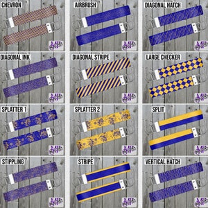 May include: A set of 12 digital designs for keychains, featuring various patterns in blue and gold. The patterns include chevron, airbrush, diagonal hatch, diagonal ink, diagonal stripe, large checker, splatter 1, splatter 2, split, stippling, stripe, and vertical hatch.