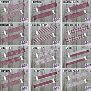 May include: A set of 12 different patterned keychains in a maroon and white color scheme. The keychains are displayed on a wooden background. The patterns include chevron, airbrush, diagonal hatch, diagonal ink, diagonal stripe, large checker, splatter 1, splatter 2, split, stippling, stripe, and vertical hatch.