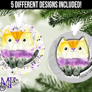 May include: A set of five digital printable Christmas ornaments featuring a cartoon cat with a purple, yellow, and black watercolor design. The ornaments include the text "I've got you" and "Purride".