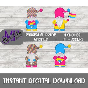 Op de afbeelding: Vier digitale illustraties van gnomen met panseksuele pride-vlaggen. De gnomen dragen hoeden met roze, blauwe en gele strepen. De gnomen houden harten vast met de kleuren van de panseksuele pride-vlag. De tekst "PANSEXUAL PRIDE GNOMES 4 GNOMES - 11" - 300DPI" staat bovenaan de afbeelding.