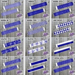 May include: A set of 12 digital designs for keychains featuring various patterns in blue and white. The patterns include chevron, airbrush, diagonal hatch, diagonal ink, diagonal stripe, large checker, splatter 1, splatter 2, split, stippling, stripe, and vertical hatch.
