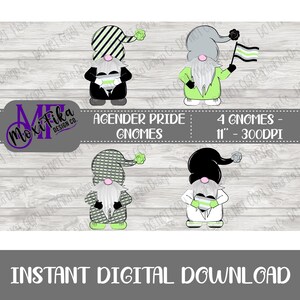 Op de afbeelding: Vier digitale clipart-afbeeldingen van gnomen met groene, zwarte en witte accenten. De gnomen dragen hoeden en houden een hart vast met de kleuren van de agender-pride-vlag. De tekst "Agender Pride Gnomes" en "4 Gnomes - 11" - 300DPI" is in de afbeelding opgenomen.