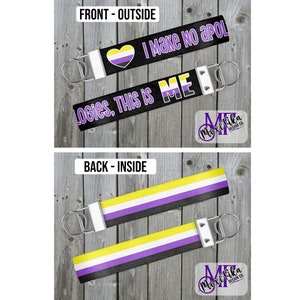 Może przedstawiać: Dwa czarne breloki ze srebrnym osprzętem. Jeden brelok ma napis "I MAKE NO APOL" i serce z flagą dumy osób niebinarnych. Drugi mówi "LOGIES, THIS IS ME". Tył breloków przedstawia flagę dumy osób niebinarnych.