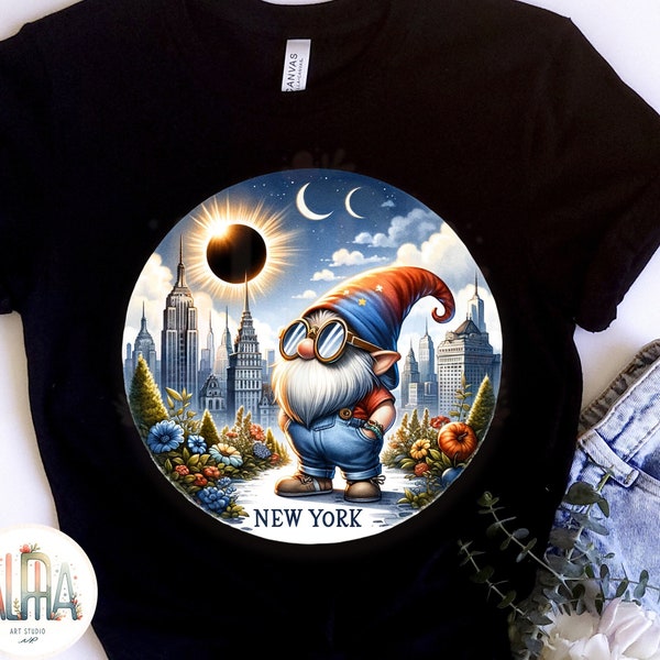 2024 Eclipse solar Nueva York Gnome Acuarela,Descarga digital, Gnome Art Png con temática de eclipse, Recuerdo del eclipse de Nueva York, Gira por América del Norte