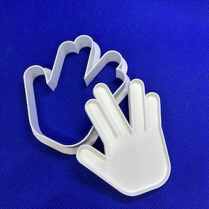 Peut inclure: Deux emporte-pièces blancs en plastique en forme de main. L'un est une forme de main pleine, et l'autre est un contour du même geste de la main. Les emporte-pièces sont sur un fond bleu.