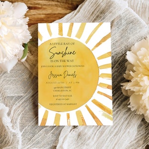 Our Little Ray of Sunshine Baby Shower Invitation Template,  Baby Sprinkle Invitation, Editable Template