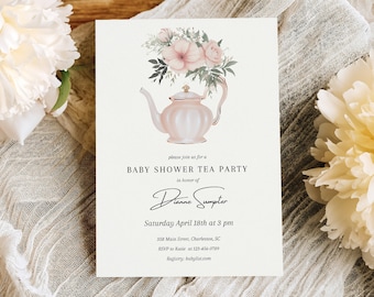 May include: A pink teacup with a floral design and gold accents is featured on a white invitation for a baby shower tea party. The invitation includes the text "Please join us for a Baby Shower Tea Party in honor of Dianne Sumpter. Saturday April 18th at 3 pm. 358 Main Street, Charleston, SC. RSVP to Katie at 123-456-0789. Registry: babylist.com"