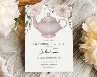 May include: A baby shower tea party invitation with a floral design. The invitation features a teapot and flowers in shades of pink and green. The text on the invitation reads "Please join us for a Baby Shower Tea Party in honor of Dianne Sumpter. Saturday, April 18th at 3 pm. 358 Main Street, Charleston, SC. RSVP to Katie at 123-456-0789. Registry: babylist.com"
