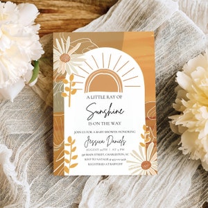 Our Little Ray of Sunshine Baby Shower Invitation Template,  Baby Sprinkle Invitation, Editable Template