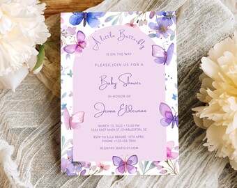 May include: A purple and white baby shower invitation featuring a watercolour butterfly design. The invitation reads "A little Butterfly is on the way" and includes the date, time, and location of the shower. It also includes the name of the honoree, Jenna Elderman, and the RSVP information.