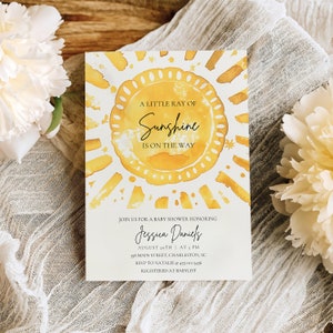 Our Little Ray of Sunshine Baby Shower Invitation Template,  Baby Sprinkle Invitation, Editable Template