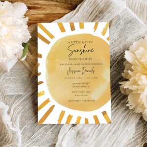 Our Little Ray of Sunshine Baby Shower Invitation Template,  Baby Sprinkle Invitation, Editable Template