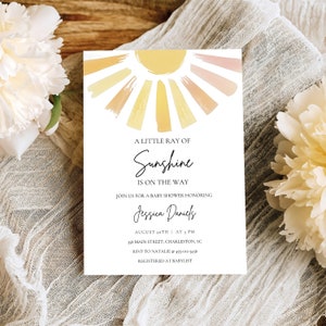 Our Little Ray of Sunshine Baby Shower Invitation Template,  Baby Sprinkle Invitation, Editable Template