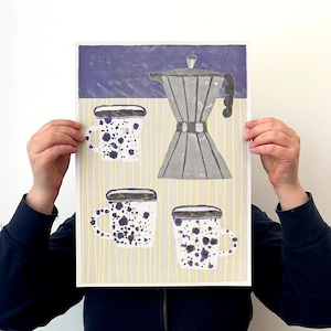 A3 Coffee Pot and Mugs Risograph Print. Moka Pot. Illustrated by Rachel Cannings