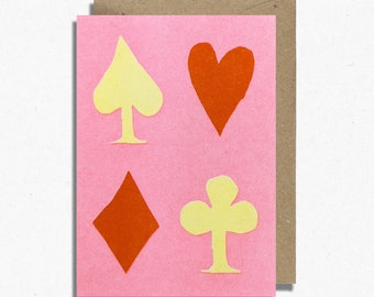 Pink Card Suits Risograph Greetings Card Good Luck. Illustrated by Rachel Cannings