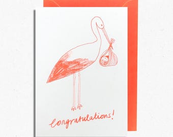 Stork New Baby Risograph Greetings Card Whimsically Illustrated by Rachel Cannings