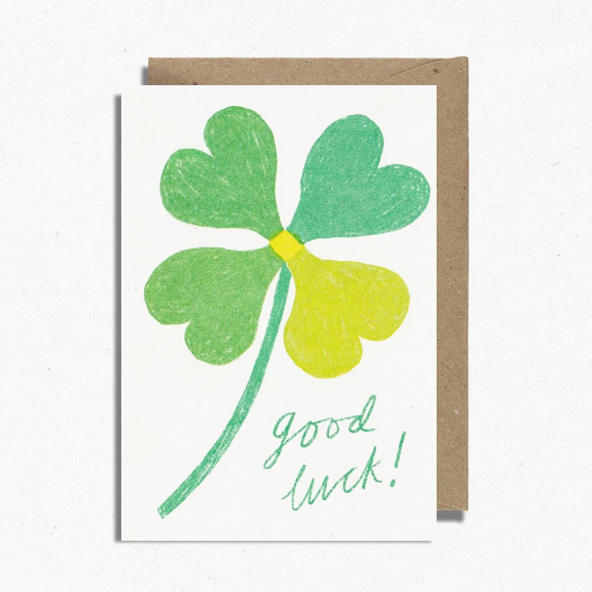 Good Luck Risograph Greetings Card Green. Illustrated by Rachel Cannings