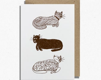 Cats Risograph Greetings Card Whimsically Illustrated by Rachel Cannings