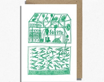 Greenhouse Risograph Greetings Card Whimsically Illustrated by Rachel Cannings