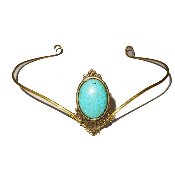 Turquoise brass tiara circlet head piece with gemstone.
