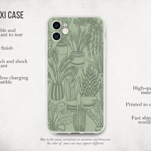May include: A green phone case with a pattern of potted plants. The case is made of flexible, scratch-resistant material and is compatible with wireless charging.