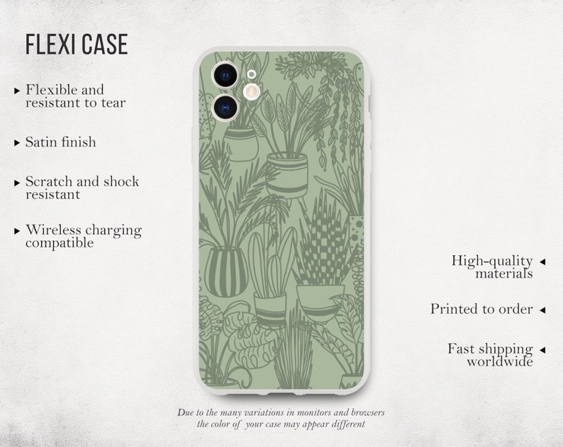 May include: A green phone case with a pattern of potted plants. The case is made of flexible, scratch-resistant material and is compatible with wireless charging.