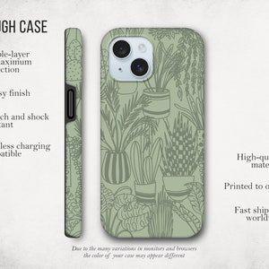 May include: A green phone case with a pattern of potted plants. The case is made of tough, durable material and is compatible with wireless charging. The text "TOUGH CASE" is visible at the top of the image.