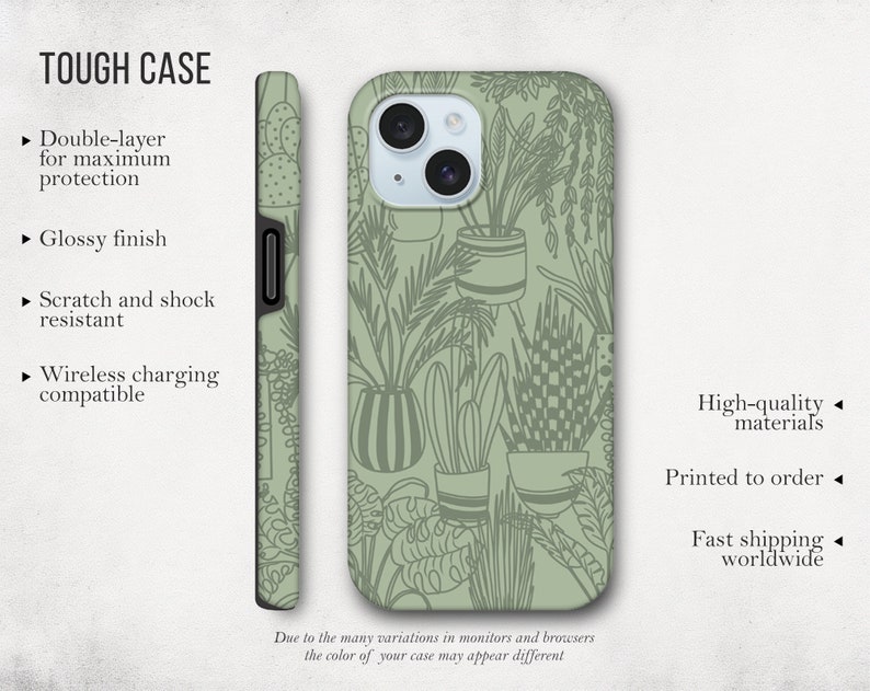 May include: A green phone case with a pattern of potted plants. The case is made of tough, durable material and is compatible with wireless charging. The text "TOUGH CASE" is visible at the top of the image.
