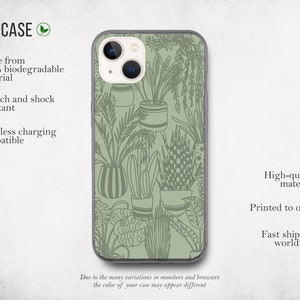 May include: A green phone case with a pattern of potted plants. The case is made from 100% biodegradable material and is compatible with wireless charging. The text "BIO CASE" is at the top of the image.