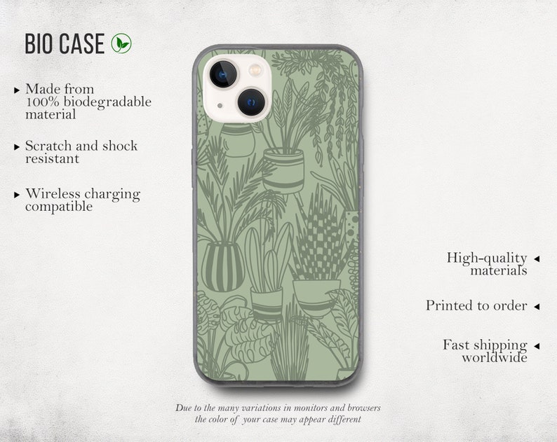 May include: A green phone case with a pattern of potted plants. The case is made from 100% biodegradable material and is compatible with wireless charging. The text "BIO CASE" is at the top of the image.