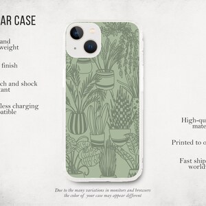 May include: A clear phone case with a green background and a pattern of potted plants. The case is compatible with wireless charging. The text "CLEAR CASE" is at the top of the image. The text "High-quality materials", "Printed to order", and "Fast shipping worldwide" is at the bottom of the image.