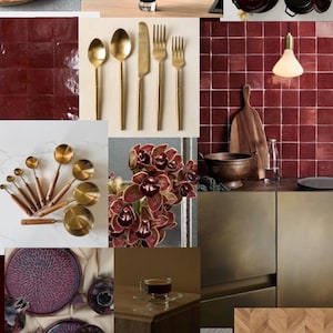 May include: A collage of kitchen and dining items in shades of burgundy, gold, and wood. Includes cookware, serving dishes, utensils, and a cake. A vase of dried flowers and a rug are also featured. The overall aesthetic is warm and inviting.