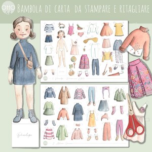 Bambola di carta da stampare e ritagliare. Attività artigianale Bambini Illustrazione Acquerelli Festa Regalo Bomboniere Scuola Montessori