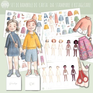 SET bambole di carta da stampare e ritagliare Attività artigianale Bambini Illustrazione Acquerelli Festa Regalo Bomboniere  Montessori