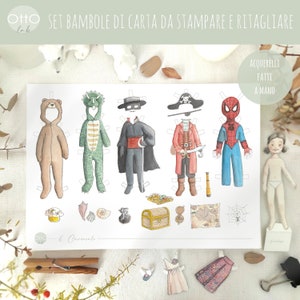 ESTENSIONE CARNEVALE per Bambole di carta da stampare e ritagliare. Attività artigianale Bambini Illustrazione Festa Regalo Montessori
