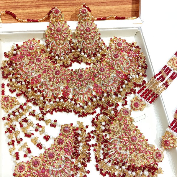 Bridal Heavy Nauratan handmade gold plated Complete Set Indian Pakistani Bridal Jewellery